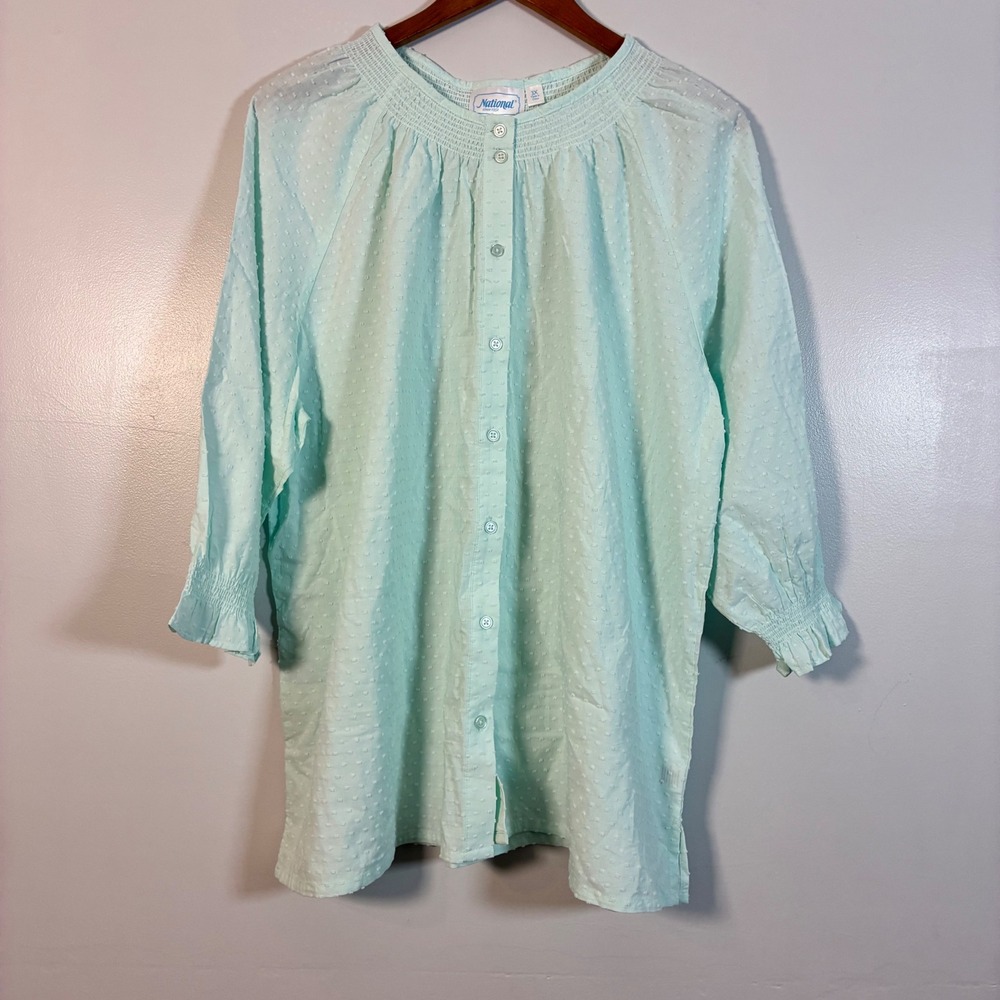 National Blouse 3X Mint Green Swiss Dot Smocked Button Top Cottage Feminine